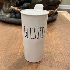 Rae Dunn White Ceramic Travel Mug with "BLESSED" Text